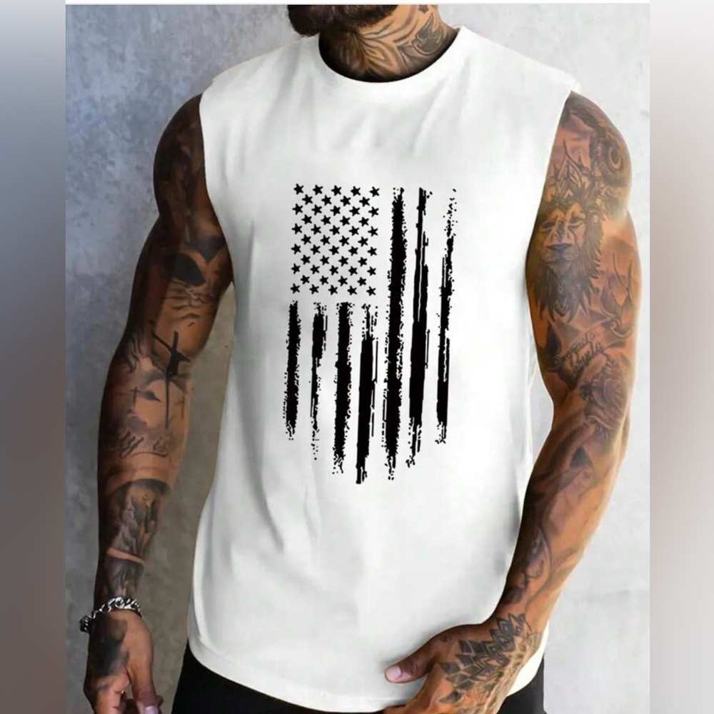 Shein Men's Sleeveless White Tank with Black Flag Design‎